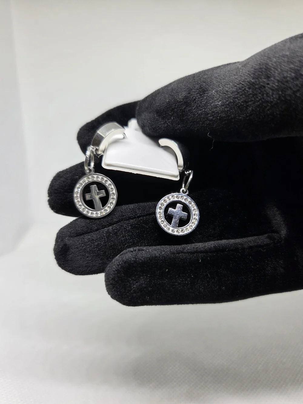 Silver Cross Circle Drop Huggie Earrings